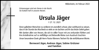 Traueranzeige von Ursula Jäger von Hildesheimer Allgemeine Zeitung