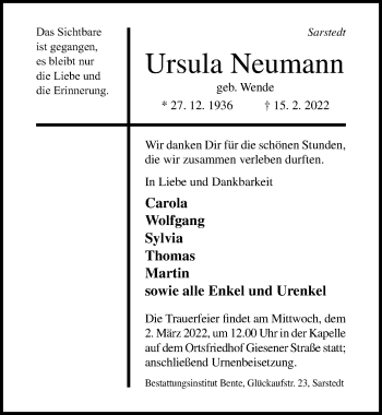 Traueranzeige von Ursula Neumann von Hildesheimer Allgemeine Zeitung