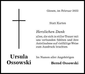 Traueranzeige von Ursula Ossowski von Hildesheimer Allgemeine Zeitung