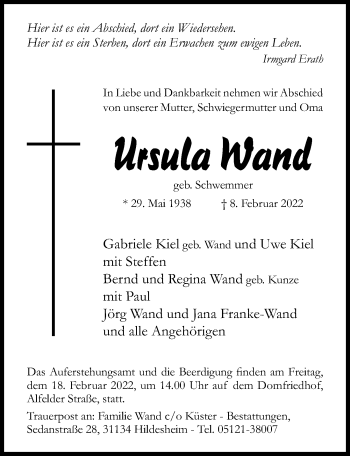 Traueranzeige von Ursula Wand von Hildesheimer Allgemeine Zeitung