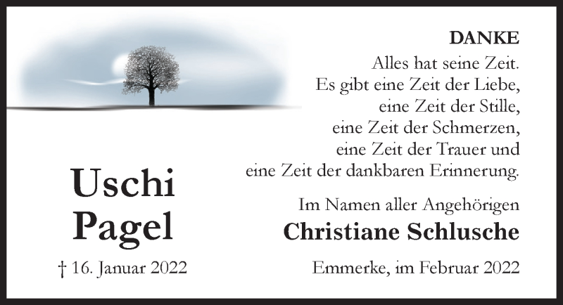  Traueranzeige für Uschi Pagel vom 09.02.2022 aus Hildesheimer Allgemeine Zeitung