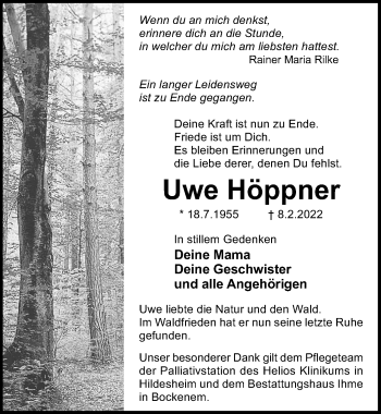 Traueranzeige von Uwe Höppner von Hildesheimer Allgemeine Zeitung