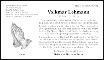 Traueranzeige von Volkmar Lehmann von Hildesheimer Allgemeine Zeitung