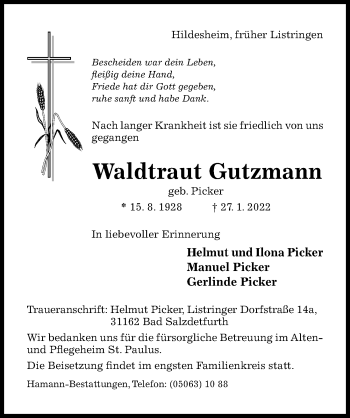 Traueranzeige von Waldtraut Gutzmann von Hildesheimer Allgemeine Zeitung