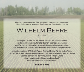 Traueranzeige von Wilhelm Behre von Hildesheimer Allgemeine Zeitung