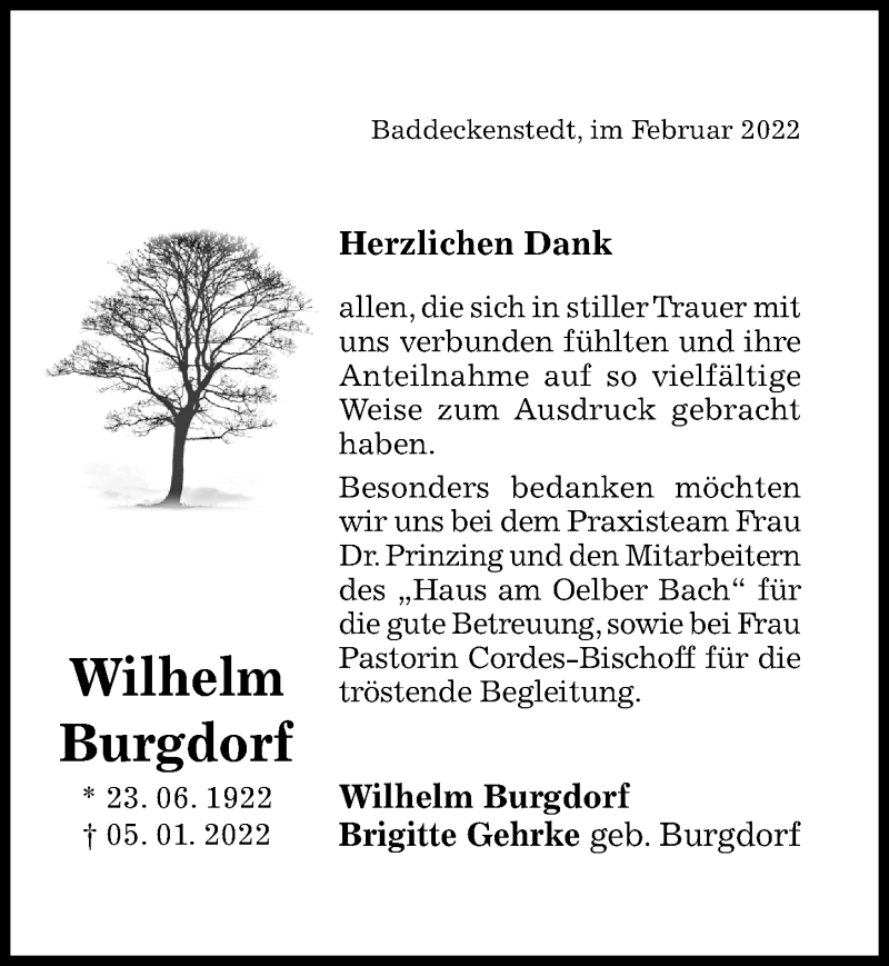  Traueranzeige für Wilhelm Burgdorf vom 05.02.2022 aus Hildesheimer Allgemeine Zeitung
