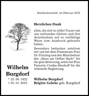 Traueranzeige von Wilhelm Burgdorf von Hildesheimer Allgemeine Zeitung