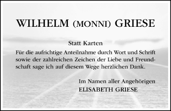 Traueranzeige von Wilhelm Griese von Hildesheimer Allgemeine Zeitung