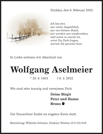 Traueranzeige von Wolfgang Aselmeier von Hildesheimer Allgemeine Zeitung