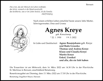 Traueranzeige von Agnes Kreye von Hildesheimer Allgemeine Zeitung