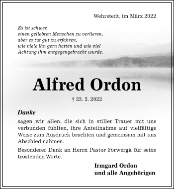 Traueranzeige von Alfred Ordon von Hildesheimer Allgemeine Zeitung