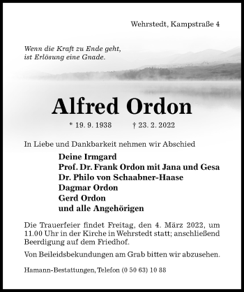 Traueranzeige von Alfred Ordon von Hildesheimer Allgemeine Zeitung