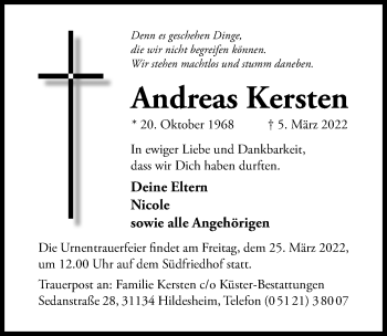 Traueranzeige von Andreas Kersten von Hildesheimer Allgemeine Zeitung