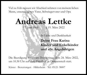 Traueranzeige von Andreas Lettke von Hildesheimer Allgemeine Zeitung