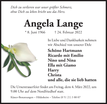 Traueranzeige von Angela Lange von Hildesheimer Allgemeine Zeitung