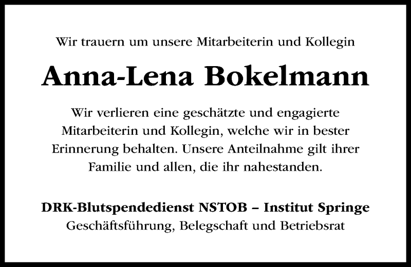  Traueranzeige für Anna-Lena Bokelmann vom 26.03.2022 aus Hildesheimer Allgemeine Zeitung