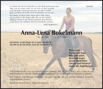 Traueranzeige von Anna-Lena Bokelmann von Hildesheimer Allgemeine Zeitung