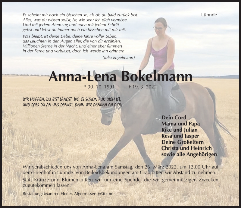  Traueranzeige für Anna-Lena Bokelmann vom 23.03.2022 aus Hildesheimer Allgemeine Zeitung