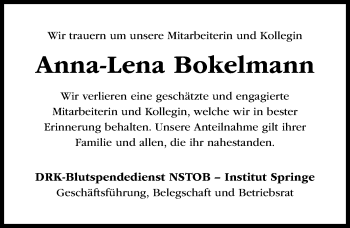 Traueranzeige von Anna-Lena Bokelmann von Hildesheimer Allgemeine Zeitung