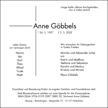 Traueranzeige von Anne Göbbels von Hildesheimer Allgemeine Zeitung