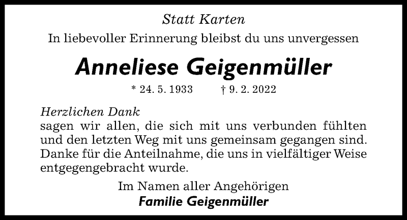  Traueranzeige für Anneliese Geigenmüller vom 05.03.2022 aus Hildesheimer Allgemeine Zeitung