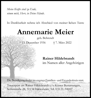 Traueranzeige von Annemarie Meier von Hildesheimer Allgemeine Zeitung