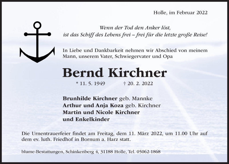  Traueranzeige für Bernd Kirchner vom 09.03.2022 aus Hildesheimer Allgemeine Zeitung