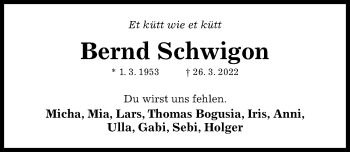 Traueranzeige von Bernd Schwigon von Hildesheimer Allgemeine Zeitung