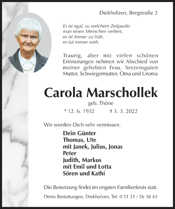 Traueranzeige von Carola Marschollek von Hildesheimer Allgemeine Zeitung