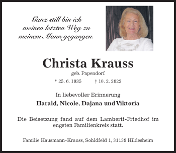 Traueranzeige von Christa Krauss von Hildesheimer Allgemeine Zeitung