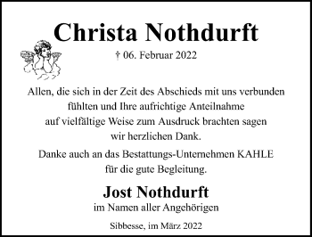 Traueranzeige von Christa Nothdurft von Hildesheimer Allgemeine Zeitung