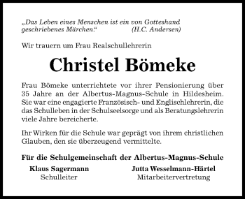 Traueranzeige von Christel Bömeke von Hildesheimer Allgemeine Zeitung