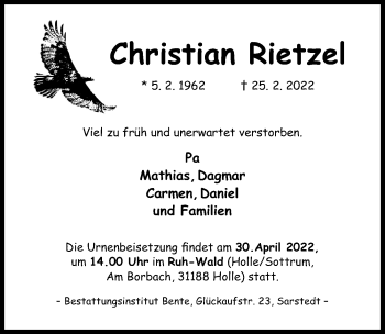 Traueranzeige von Christian Rietzel von Hildesheimer Allgemeine Zeitung