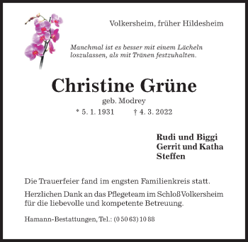 Traueranzeige von Christine Grüne von Hildesheimer Allgemeine Zeitung