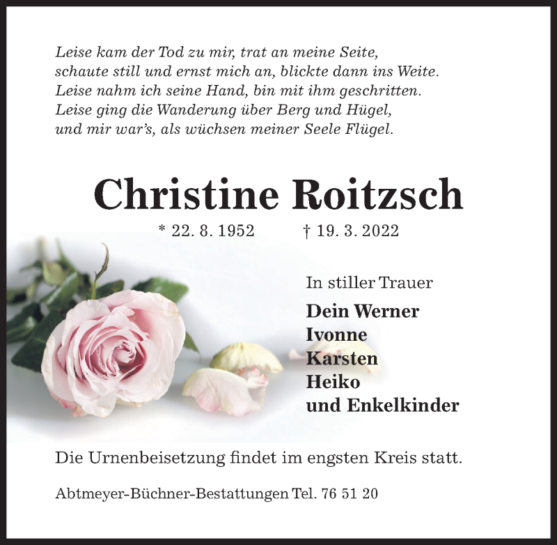  Traueranzeige für Christine Roitzsch vom 28.03.2022 aus Hildesheimer Allgemeine Zeitung
