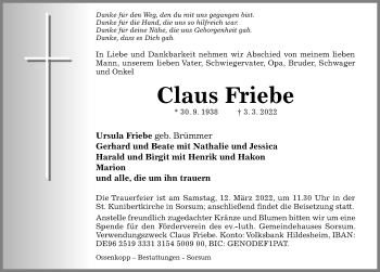 Traueranzeige von Claus Friebe von Hildesheimer Allgemeine Zeitung