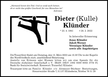 Traueranzeige von Dieter Klünder von Hildesheimer Allgemeine Zeitung