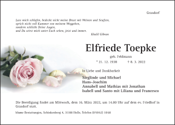 Traueranzeige von Elfriede Toepke von Hildesheimer Allgemeine Zeitung