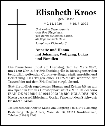 Traueranzeige von Elisabeth Kroos von Hildesheimer Allgemeine Zeitung