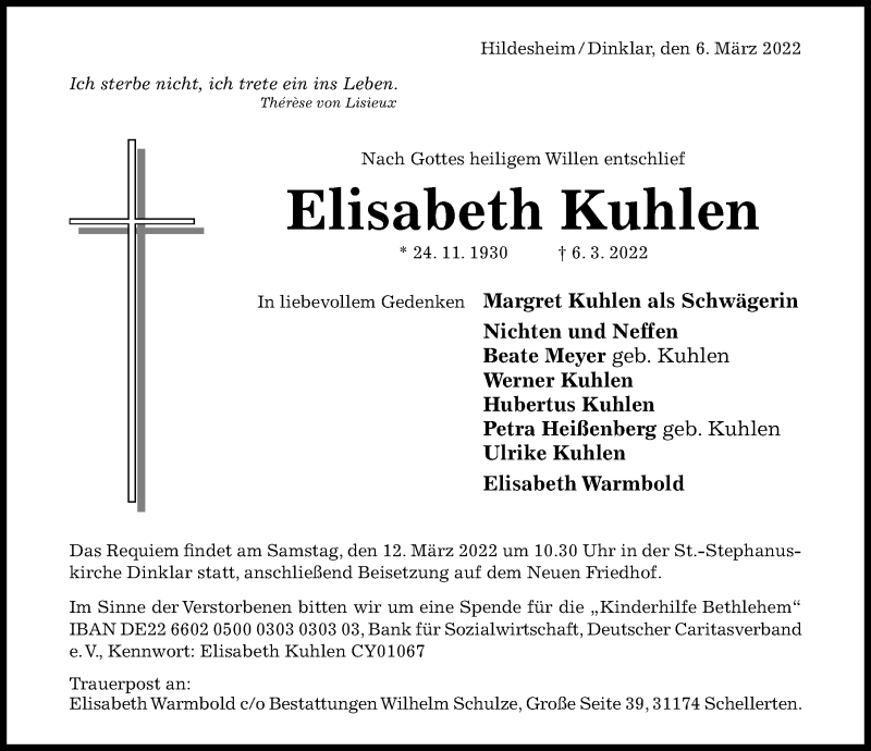  Traueranzeige für Elisabeth Kuhlen vom 08.03.2022 aus Hildesheimer Allgemeine Zeitung