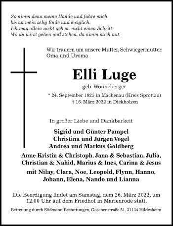 Traueranzeige von Elli Luge von Hildesheimer Allgemeine Zeitung