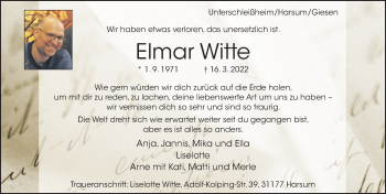 Traueranzeige von Elmar Witte von Hildesheimer Allgemeine Zeitung