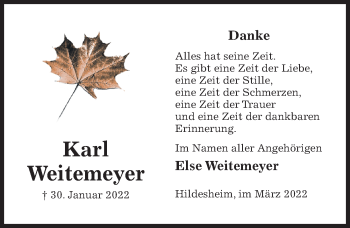 Traueranzeige von Else Weitemeyer von Hildesheimer Allgemeine Zeitung
