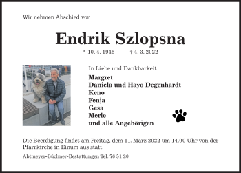 Traueranzeige von Endrik Szlopsna von Hildesheimer Allgemeine Zeitung