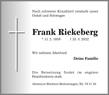 Traueranzeige von Frank Riekeberg von Hildesheimer Allgemeine Zeitung