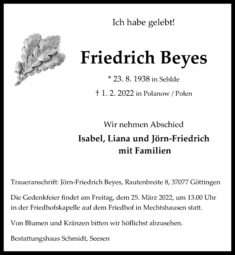  Traueranzeige für Friedrich Beyes vom 19.03.2022 aus Hildesheimer Allgemeine Zeitung