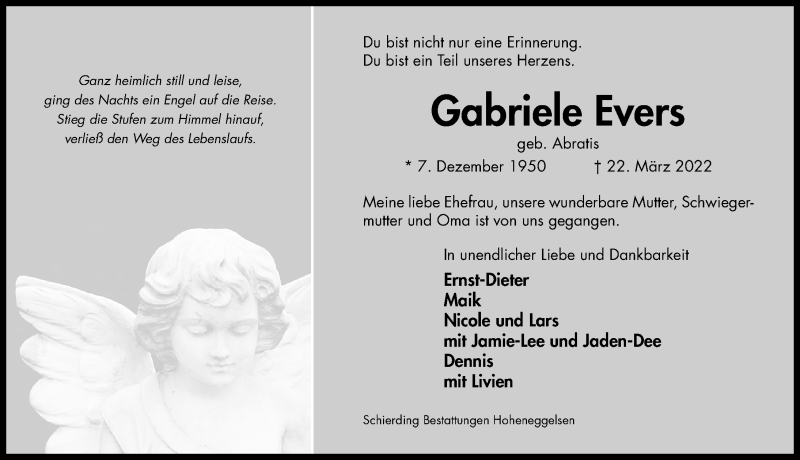  Traueranzeige für Gabriele Evers vom 26.03.2022 aus Hildesheimer Allgemeine Zeitung