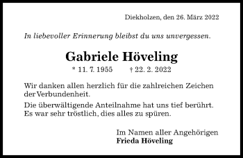 Traueranzeige von Gabriele Höveling von Hildesheimer Allgemeine Zeitung
