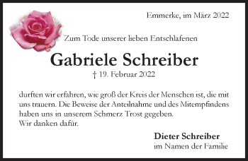 Traueranzeige von Gabriele Schreiber von Hildesheimer Allgemeine Zeitung