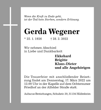 Traueranzeige von Gerda Wegener von Hildesheimer Allgemeine Zeitung